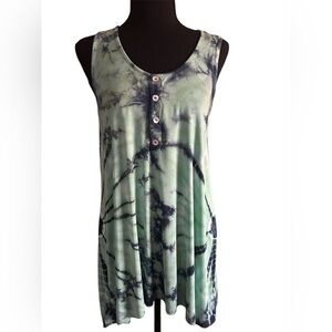 Tryst Green Blue Tie Dye Henley Tank Dress Soft Stretch Casual Summer Size M
